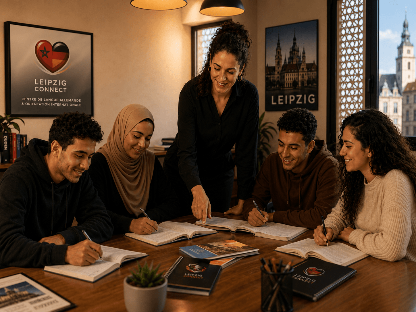 Étudiants marocains suivant un cours d’allemand avec leur formatrice dans le centre Leipzig Connect.