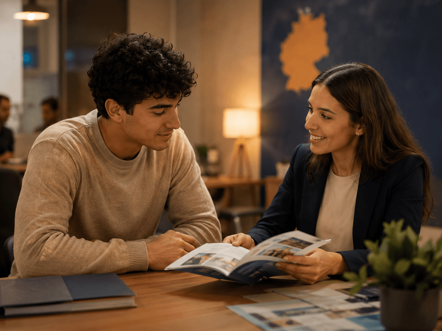 Deux jeunes discutant d'un parcours Ausbildung avec des documents