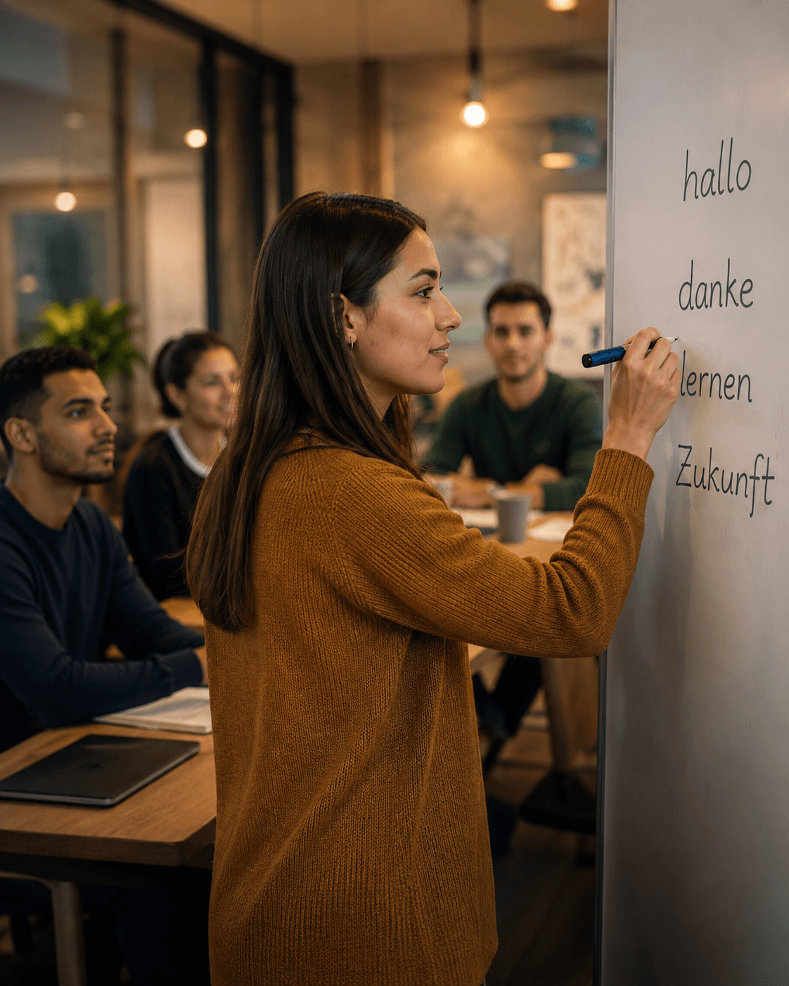Étudiante écrivant des mots allemands sur un tableau blanc