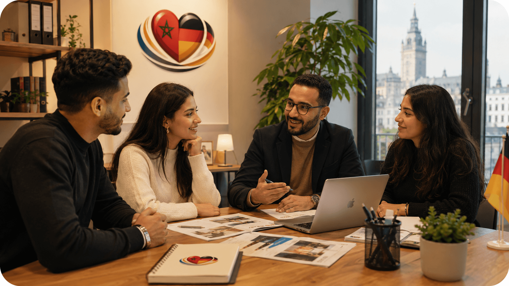 Des étudiants marocains échangeant avec un conseiller Leipzig Connect au sujet de leur projet en Allemagne.